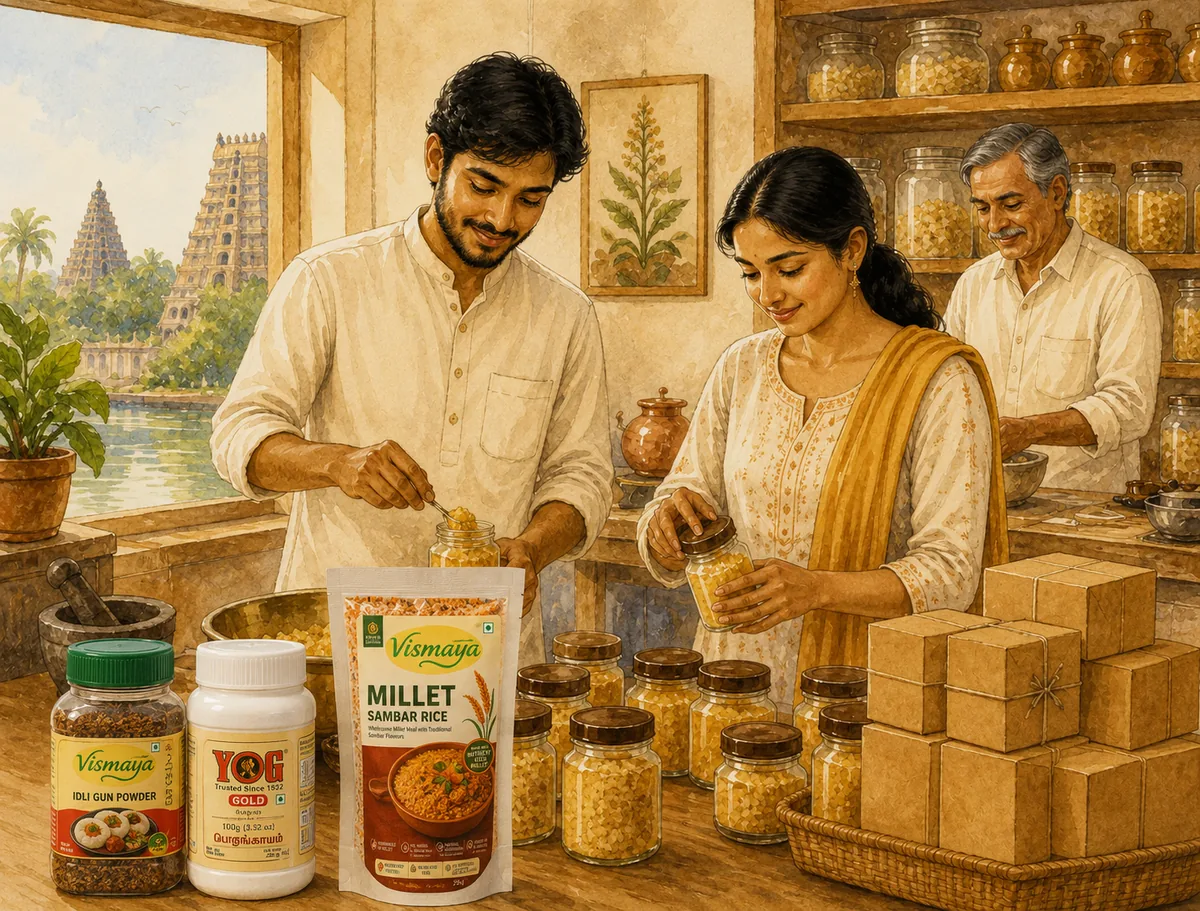 A traditional 1960s Tamil kitchen with a mother tempering sambar with pure hing